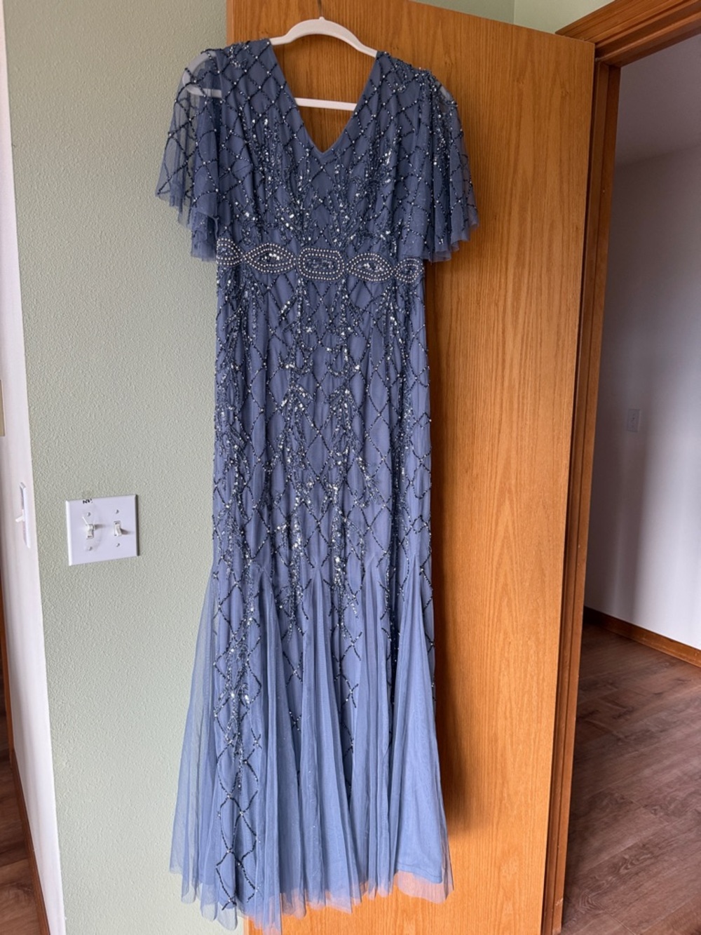 Adrianna Papell Slate Blue/Gray Evening Dress with Beaded Trim